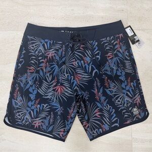 Travis Matthew Dark Blue Tropical Print Men Bathing Suit Swim Shorts
